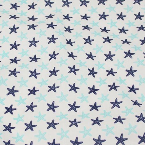 Bavlnené plátno biele, modré morské hviezdice, š.140