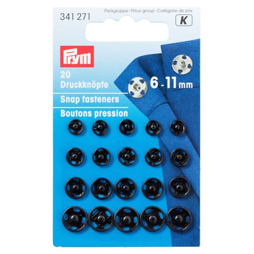 Našívacie patentky Prym čierne, mix 6-11 mm