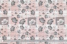 Bavlněné plátno růžové mřížky, šedý květ, š.140