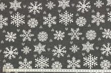 Vianočná dekoračná látka šedá, biele vločky, š.280