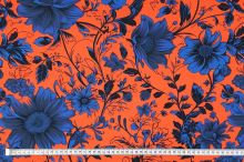 Popelín B0151 oranžový, modré kvety, š.150