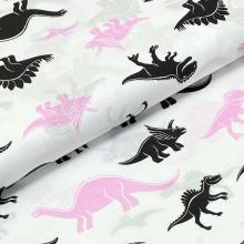 Bavlněné plátno bílé, černí a růžový dinosauři, š.160