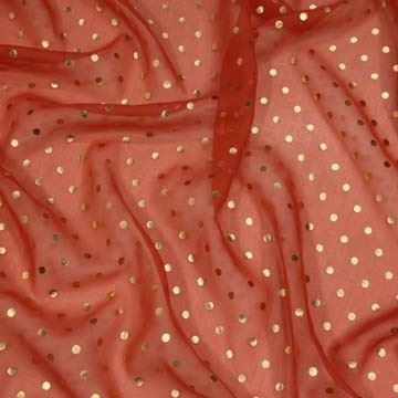 Hodvábny šifón oranžový, zlaté bodky, š.135