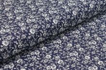 Bavlněné plátno tmavě modré, bílý květinový vzor, š.140