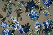 Bavlna šedohnědá, modré květy, š.140