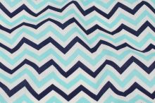 Bavlnené plátno biele, modrý a tyrkys geometrický vzor, š.140