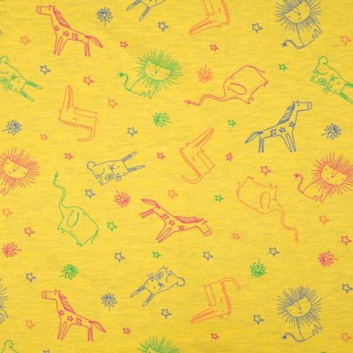 Úplet žlutý, melanž, barevná zvířátka, š.155