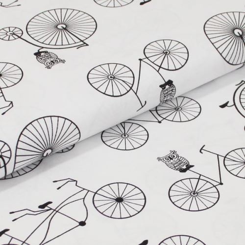 Bavlněné plátno bílé, černý bicykl, š.160