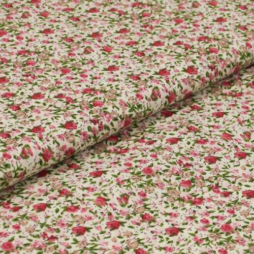 Bavlnené plátno krémové, ružový drobný kvet, š.140