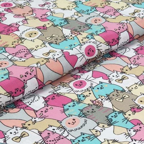 Bavlněné plátno, růžovo-tyrkysové kočky, š.140
