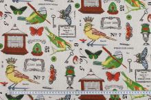 Dekorační látka režná, ptáci a motýlci, š.150