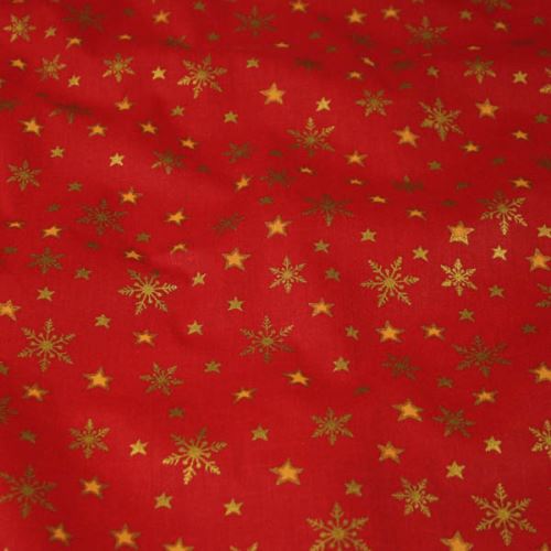 Bavlna červená, zlaté hvězdičky, š.140