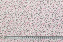 Bavlnené plátno biele, ružové drobné kvety, šedé lístočky, š.140