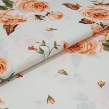 Bavlnené plátno krémové, marhuľovo oranžové ruže, š.140