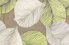 Dekorační látka na závěs taupe, krémové a žluté listy, š.150
