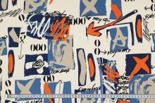Šatovka svetlo béžová, modro-oranžový abstraktný vzor, š.150