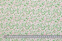 Bavlněné plátno bílé, světle růžové drobné květy, zelené lístečky, š.140