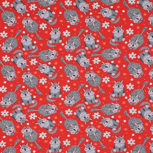 Úplet červený, šedé kočky s květy, š.145