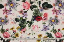 Madeira biela, farebná tlač kvety a listy, š.140