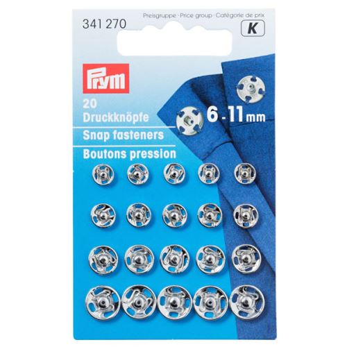 Našívacie patentky Prym strieborné, mix 6-11 mm