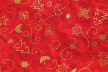Bavlněné plátno červené, zlaté vánoční motivy, š.140