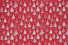 Bavlněné plátno červené, bílý vánoční stromeček, š.160