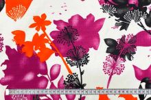 Dekoračné látka biela, ružové, oranžové a čierne kvety, š.150