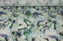 Úplet farebný 18765, bielo-modré kvety, zelené listy, vzor š.155