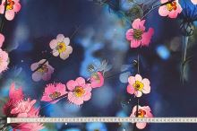 Teplákovina nepočesaná modrá, růžové květy, š.180