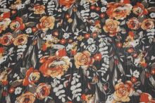 Šifon černý, oranžový květ š.150