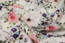 Madeira bílá, barevný tisk růžové a fialové květy, š.140