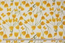 Bavlna bílá, žluté tulipány a motýlci, š.140