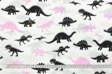 Bavlněné plátno bílé, černí a růžový dinosauři, š.160