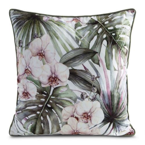 Povlak na polštář VELVET 45x45 cm s paspulí - orchideje a palmové listy
