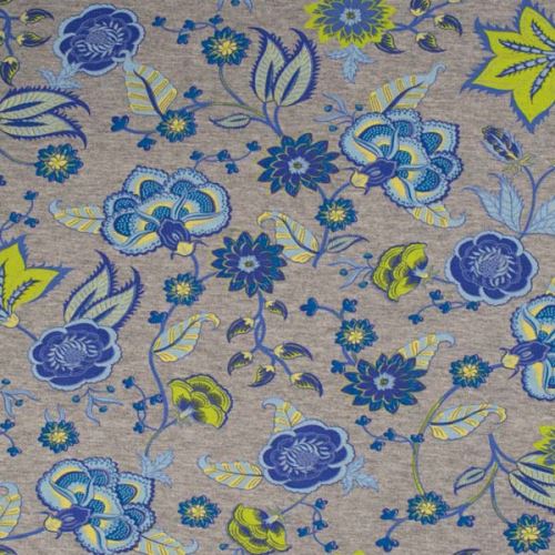 Teplákovina šedá melanž, žlto-modrý kvetinový vzor, š.155
