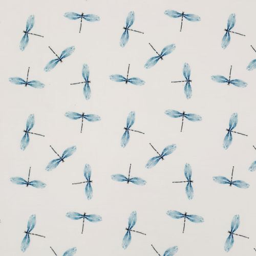 Mušelín, dvojitá gázovina bílá, modré vážky, š.135