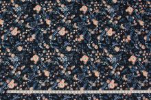 Úplet tmavě modrý, lososovo-zelené květy, š.150