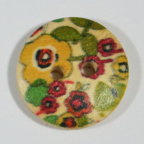 Knoflík dřevěný, květinový vzor, průměr 23 mm