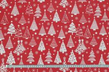 Bavlněné plátno červené, bílý vánoční stromeček, š.160