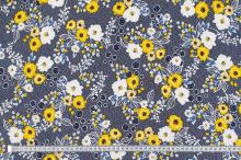 Úplet modrý, bílé tečky, žluto-bílé květy, š.150