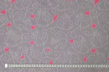 Bavlněné plátno šedé, kočky a růžová srdíčka, š.160