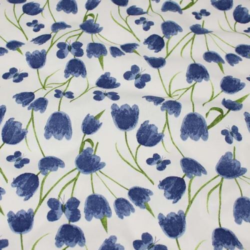 Bavlna biela, modré tulipány a motýle, š.140