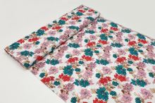 Lněná směsová tkanina bílá, červené, růžové a tyrkys květy, š.140