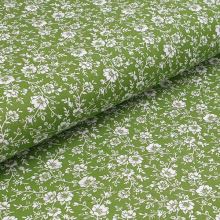 Bavlněné plátno olivové, bílý květinový vzor, š.140