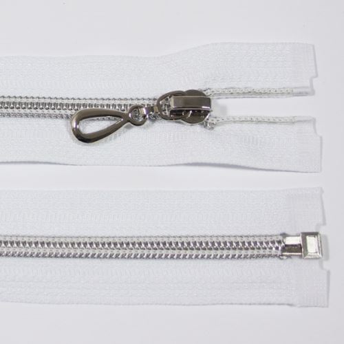 Zips špirálový 6mm dĺžka 60cm, farba 101 (deliteľný) so striebornými zúbkami