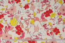 Šifon krémový, červeno-žluté květy, š.150