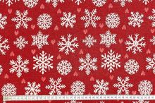 Vánoční dekorační látka červená, bílé vločky, š.280