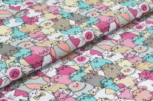 Bavlněné plátno, růžovo-tyrkysové kočky, š.140