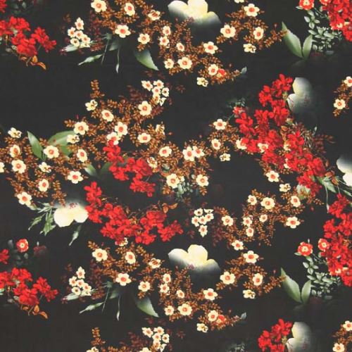 Satén čierny, drobné kvety š.145