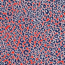Šatovka červená, modro-biely zvierací vzor, š.140